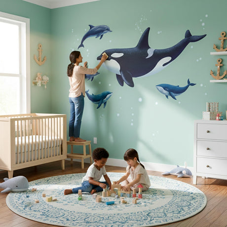 Realistic illustration of a large black and white orca swimming with two grey dolphins and two blue whales, surrounded by bubbles, designed as a vinyl wall decal for ocean-themed room decor.