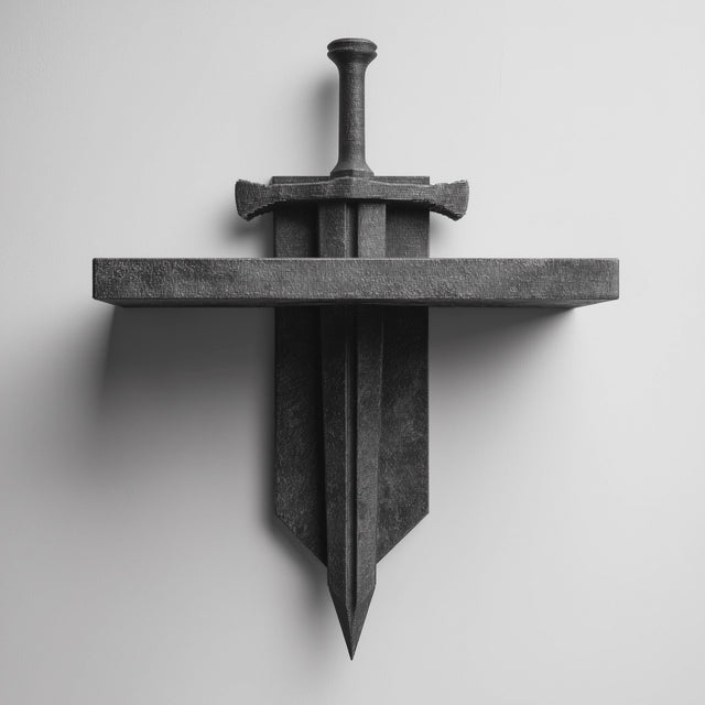 3D printed gothic wall shelf with a stone-like sword passing vertically through a flat shelf, the entire sword able to slide out from the top.