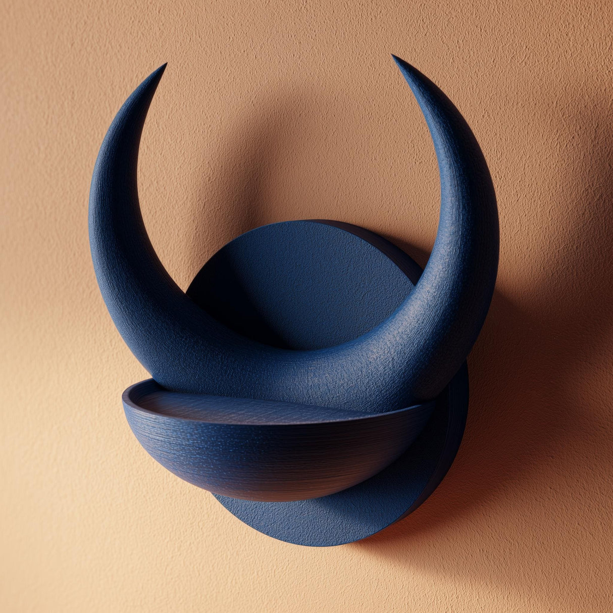 3D printed matte PLA wall shelf shaped like a round plaque with two large crescent horns forming a small bowl, mounted on a warm-toned wall.