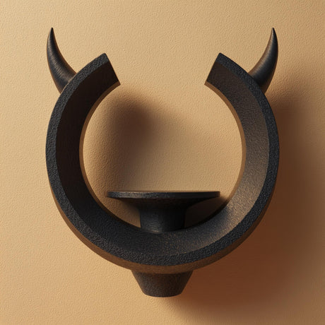 3D printed matte PLA wall shelf shaped like an open ring with two upward horns and a small round pedestal ledge in the center, mounted on a warm-toned wall.