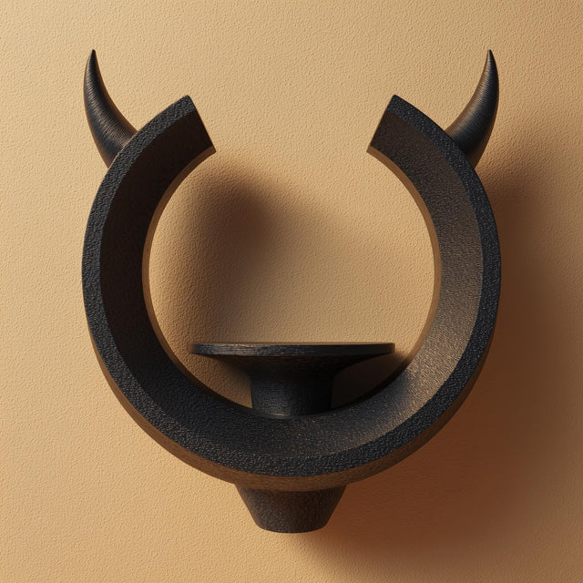3D printed matte PLA wall shelf shaped like an open ring with two upward horns and a small round pedestal ledge in the center, mounted on a warm-toned wall.