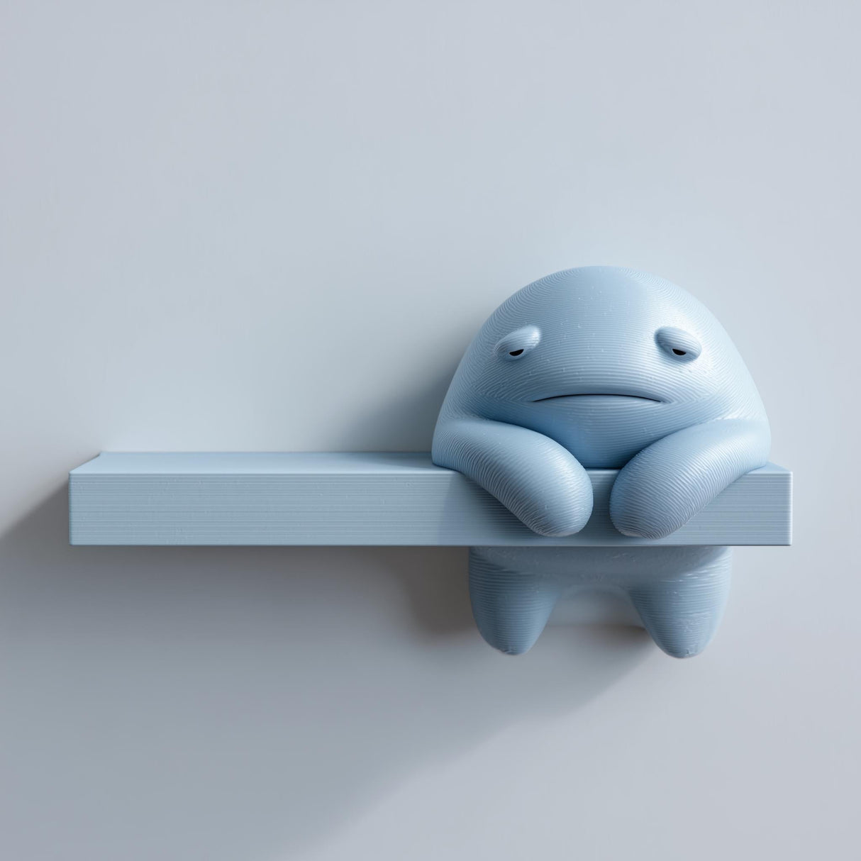 3D printed matte PLA wall shelf with an integrated sad monster character leaning over the front edge of a simple floating ledge on a light wall.