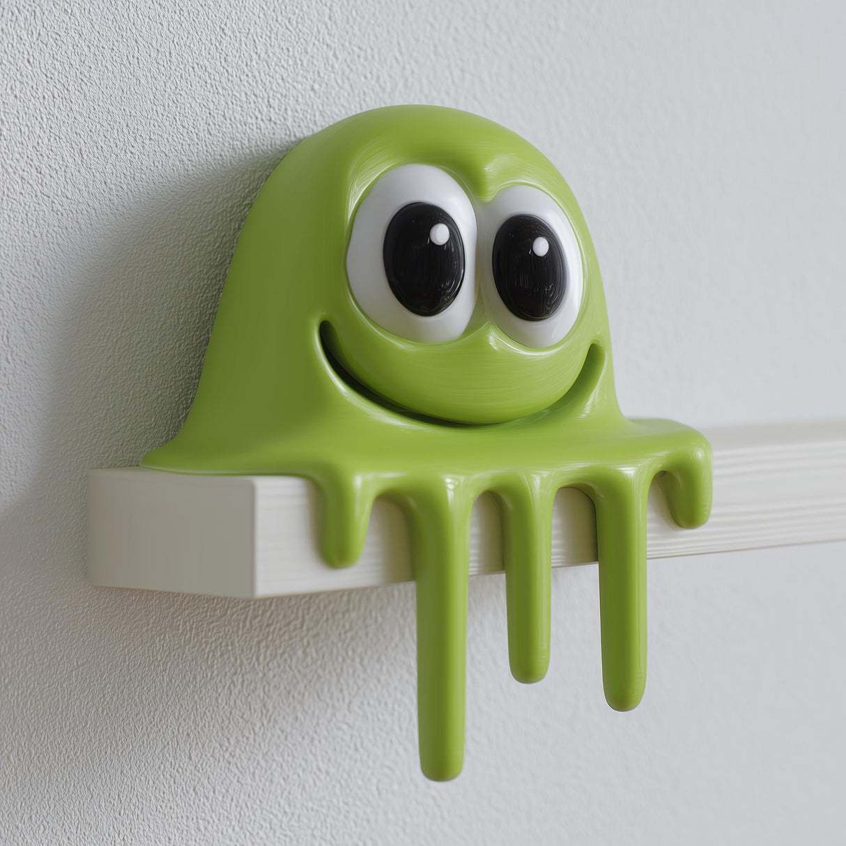 Cute 3D printed green slime monster figurine sitting on the edge of a flat shelf with big cartoon eyes and dripping goo front.