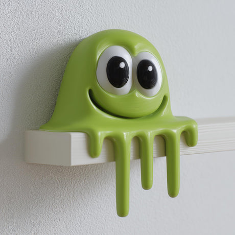 Cute 3D printed green slime monster figurine sitting on the edge of a flat shelf with big cartoon eyes and dripping goo front.