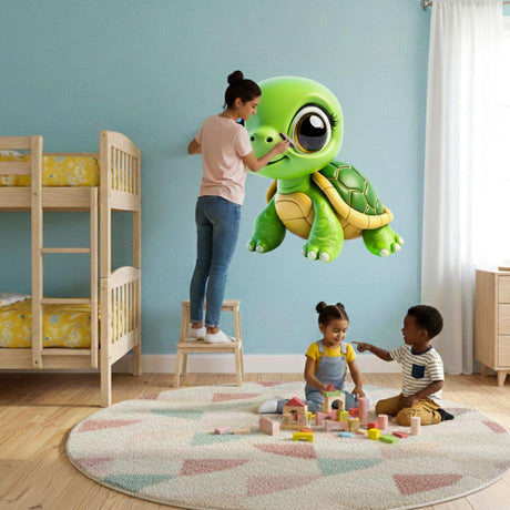 A detailed 3D animation style green sea turtle with large, expressive eyes and a gentle smile, isolated on a plain white background for a clean wall decal look.