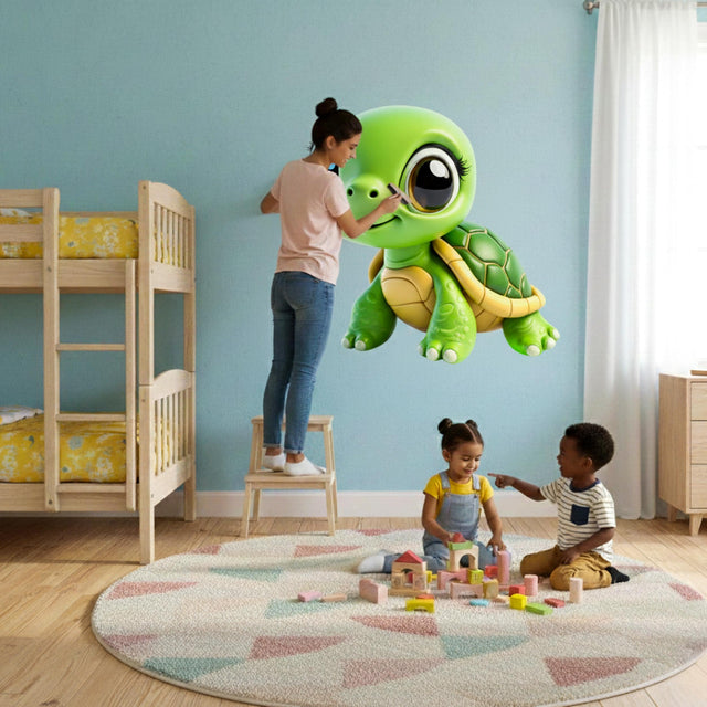 A detailed 3D animation style green sea turtle with large, expressive eyes and a gentle smile, isolated on a plain white background for a clean wall decal look.