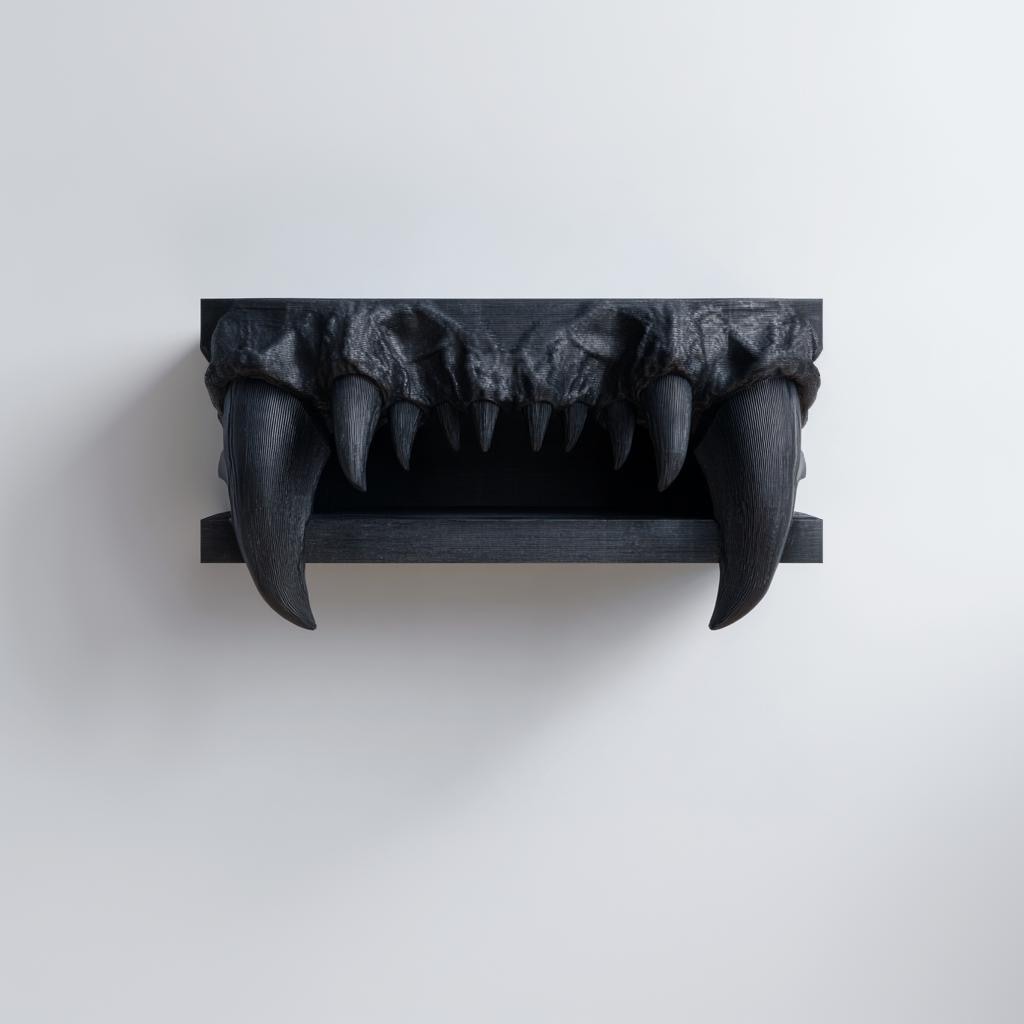 3D Printed Vampire Fangs Wall Shelf | Gothic Monster Jaw Decor | Dark Fantasy Floating Ledge for Horror Bedroom, Gaming Room or Hallway