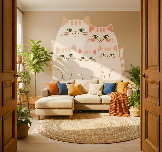 Five charming beige and cream-colored cats with rosy cheeks and green eyes sitting together, designed as a friendly vinyl wall decal for a nursery or playroom.