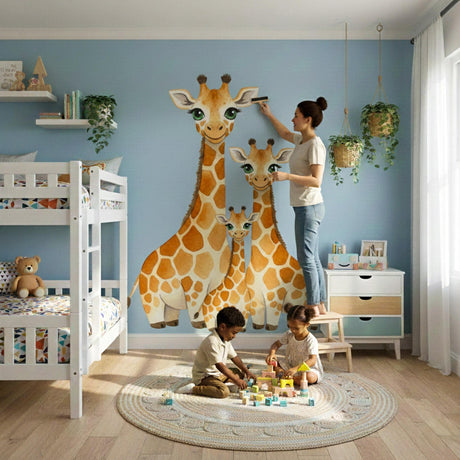 Watercolor illustration of a giraffe family consisting of two tall adult giraffes and a smaller baby giraffe in the middle, featuring soft orange spots and gentle expressions for a nursery wall.