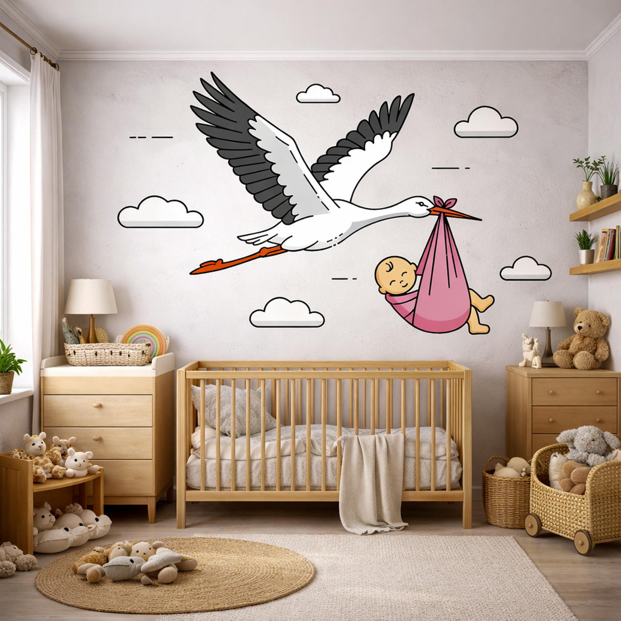 Stork Delivering Baby Girl | Nursery Wall Decal