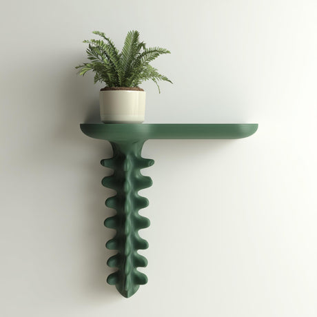 3D printed wall-mounted shelf with an organic sculptural support resembling natural growth, holding a small plant on a floating ledge.