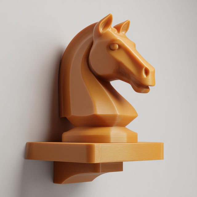 3D printed wall-mounted shelf featuring a chess knight horse head rising from a compact floating ledge, designed as strategy-themed wall decor.