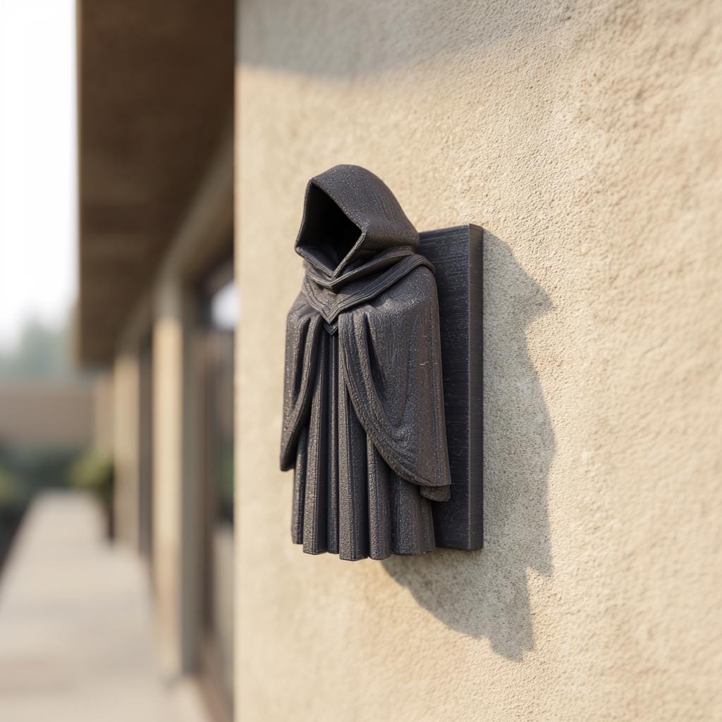 3D Printed Hooded Figure Wall Decor | Dark Fantasy Sculptural Wall Art | Mysterious Gothic Decor for Altar, Gaming Room or Modern Interior