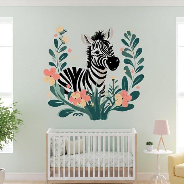 A stylized illustration of a zebra's head and upper body surrounded by a semi-circle of dark green leaves and peach-colored flowers. The design has a modern, bohemian feel with soft earth tones on a white background.