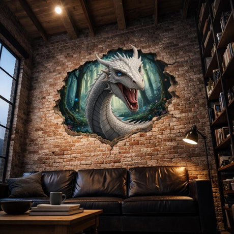 A majestic white dragon with striking blue eyes and detailed scales peers through a jagged circular hole in a wall, revealing a glowing green forest with misty trees and colorful flowers in the background.