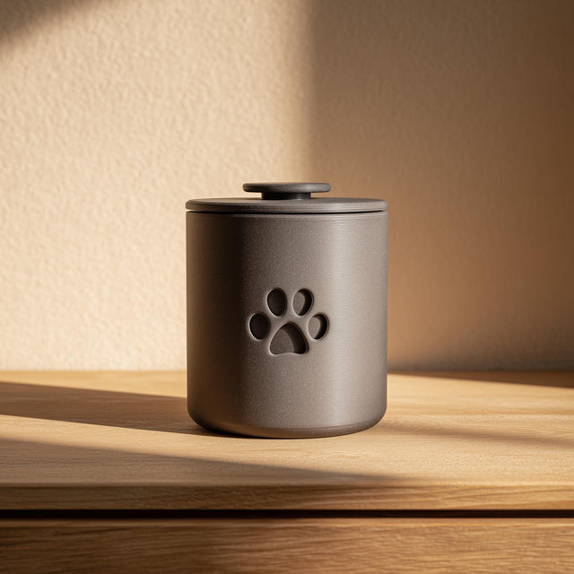 3D printed cylindrical pet cremation urn with a minimalist paw cutout, placed on a wooden surface as a modern memorial decor object.