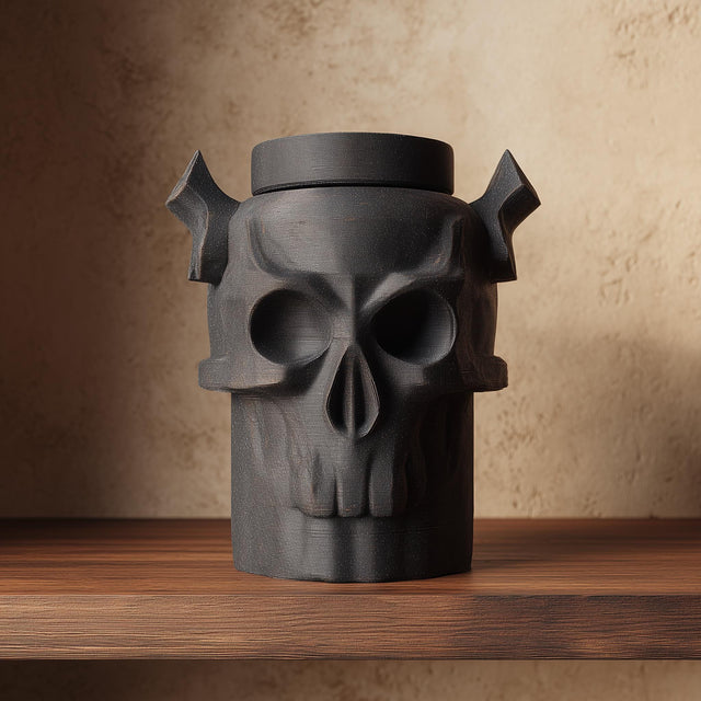 3D printed dark fantasy pet cremation urn shaped as a horned skull, gothic memorial decor displayed on a wooden shelf.