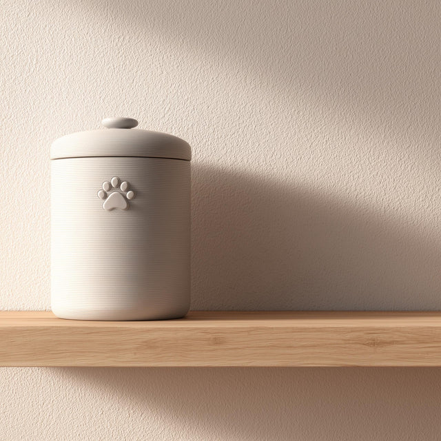 Minimalist 3D printed pet cremation urn with subtle paw print detail, placed on a wooden floating shelf against a soft neutral wall.