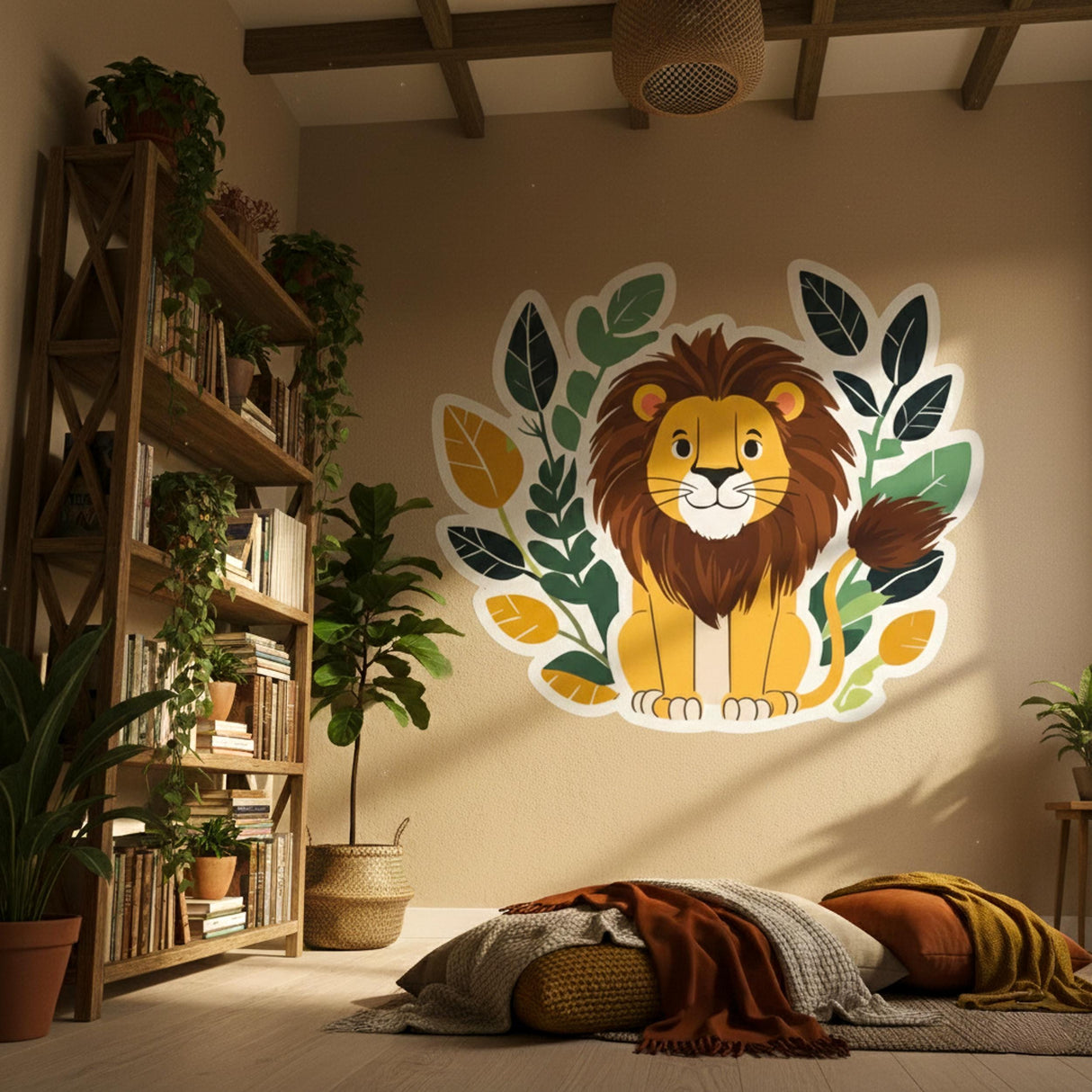Friendly Lion Wall Decal | Safari Nursery Decor | Kids Room Animal Mural | Jungle Leaves Wall Art | African Safari Theme | Cute Lion Graphic