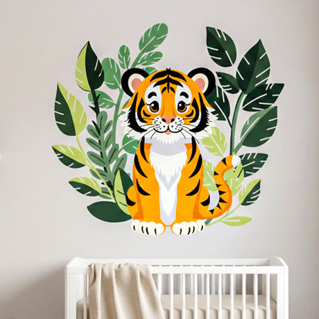 A modern illustration of a cute baby tiger with orange and black stripes sitting on a light grey background. The tiger is surrounded by thick, dark green tropical leaves and foliage that frame its body.