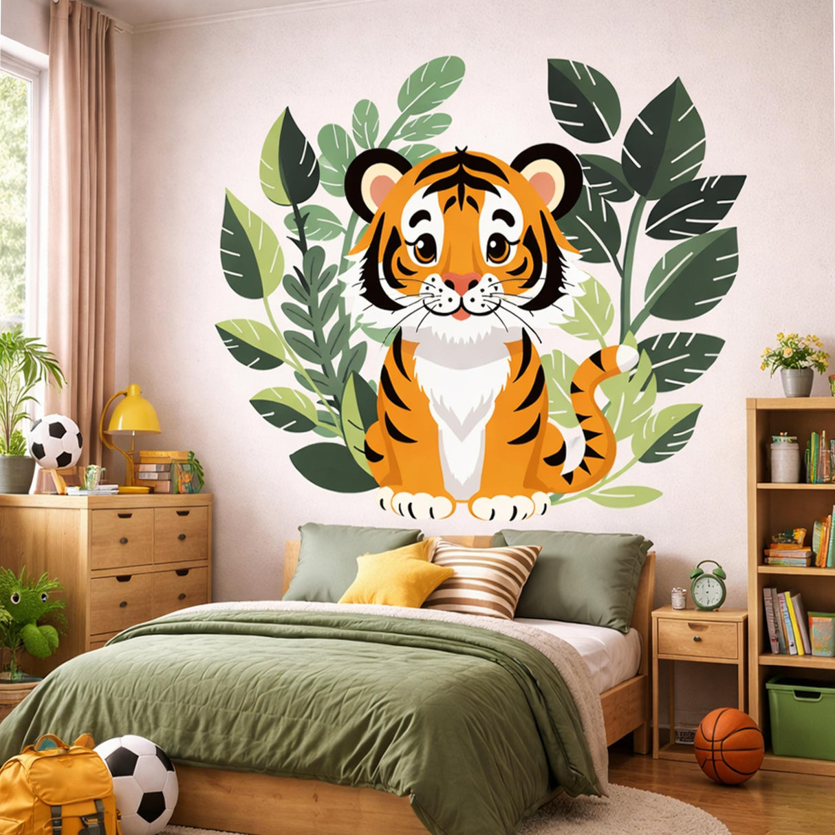 Baby Tiger Wall Decal | Jungle Nursery Decor | Cute Tiger Cub Art | Safari Animal Wall Sticker | Kids Playroom Mural | Botanical Tiger Print