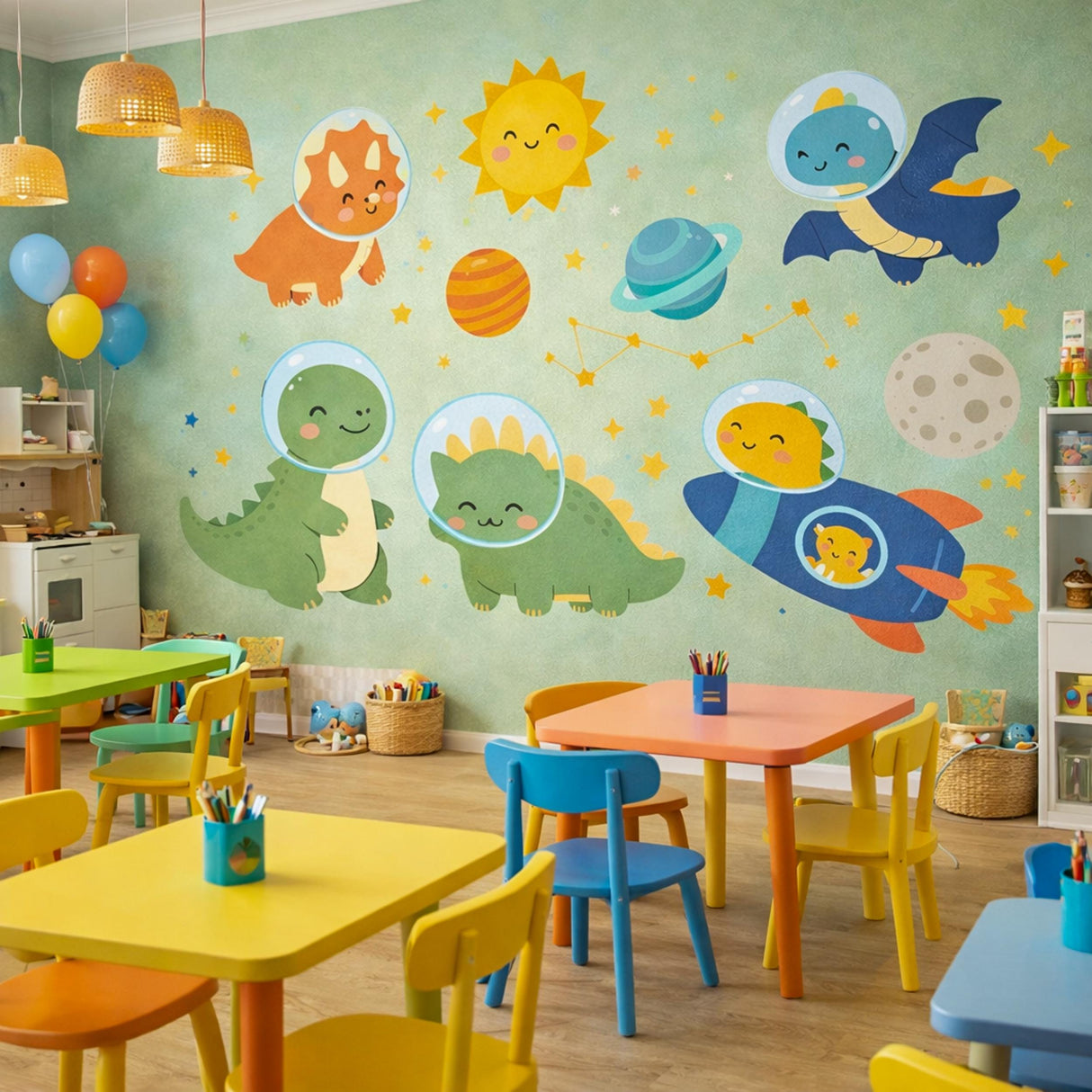 Space Dinosaur Wall Decals | Kawaii Dino Astronaut Stickers | Nursery Galaxy Decor | Kids Rocket Ship Wall Art | T-Rex Space Mural