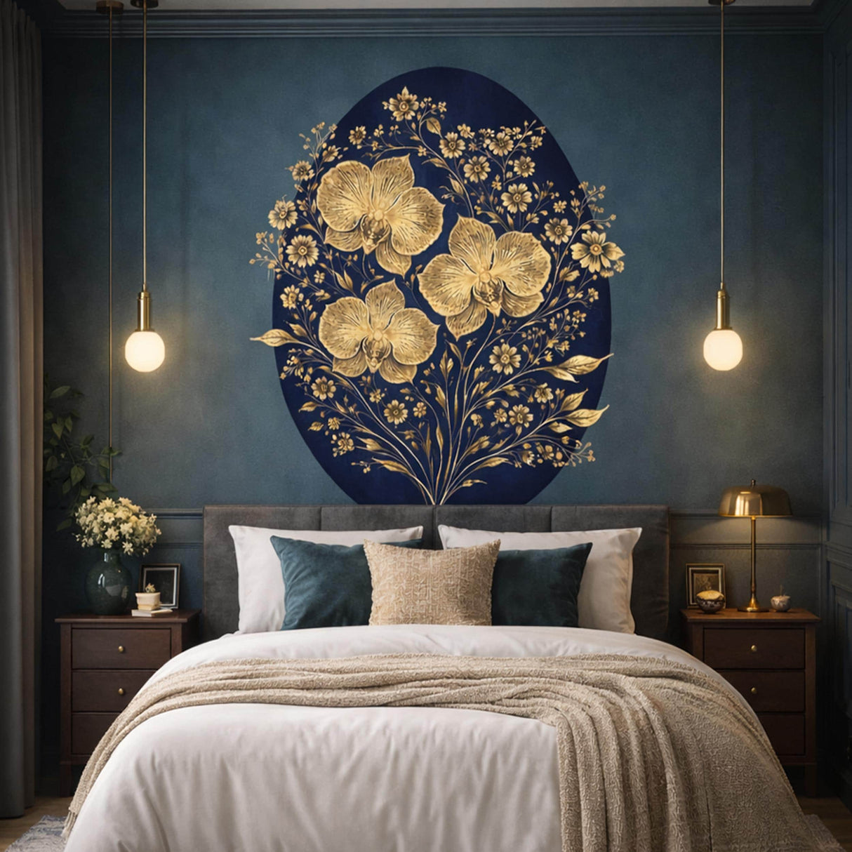 Golden Orchid Wall Decal | Navy Blue and Gold Botanical Art | Luxury Floral Wall Sticker | Modern Glam Home Decor | Elegant Orchid Print