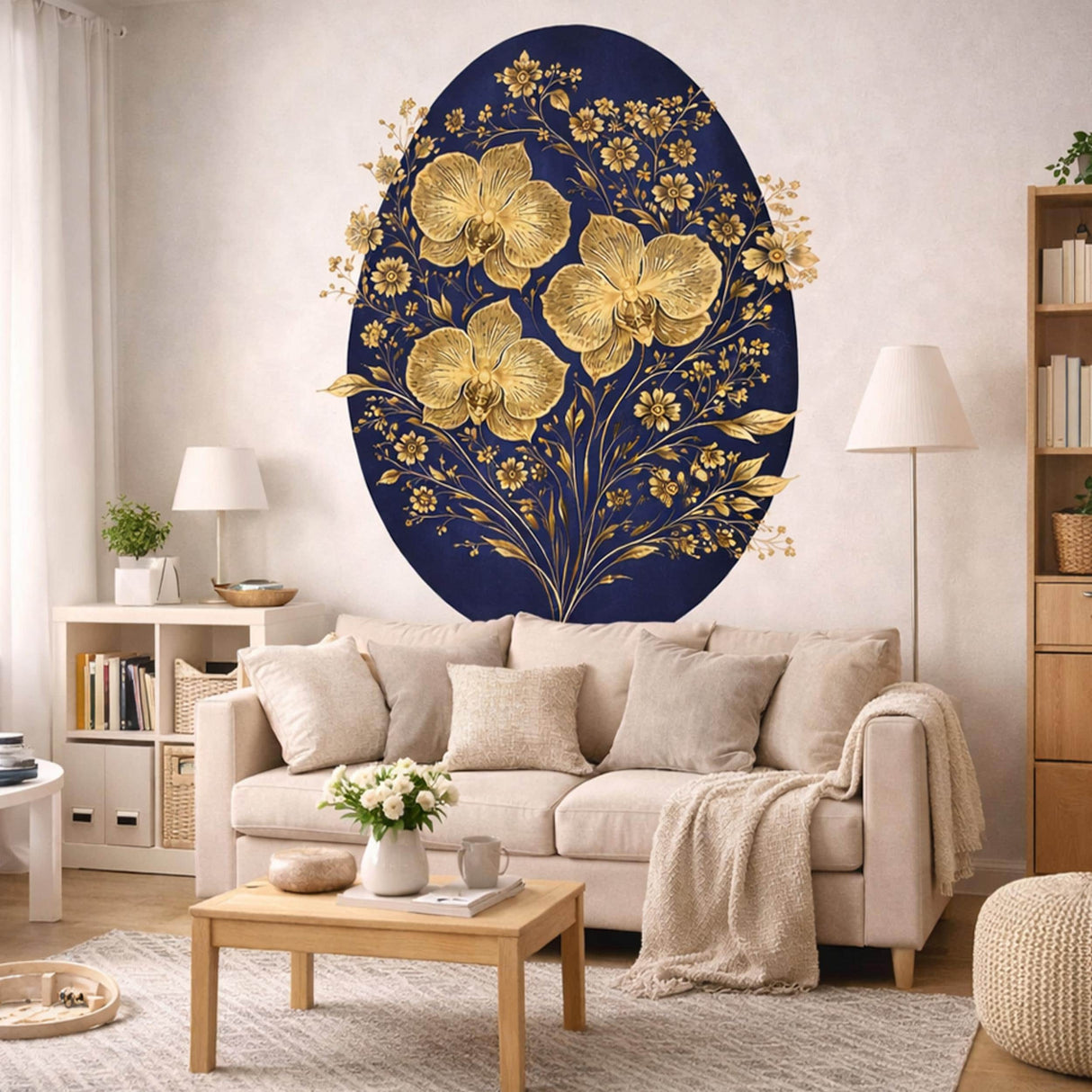 Golden Orchid Wall Decal | Navy Blue and Gold Botanical Art | Luxury Floral Wall Sticker | Modern Glam Home Decor | Elegant Orchid Print