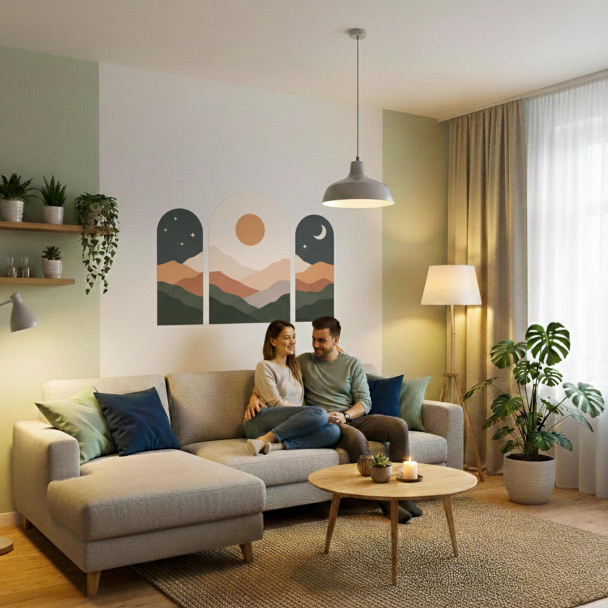 Boho Landscape Wall Art | Set Of 3 Arched Prints | Celestial Sun And Moon Decor | Mid Century Modern Mountain Art | Earthy Tone Gallery Wall