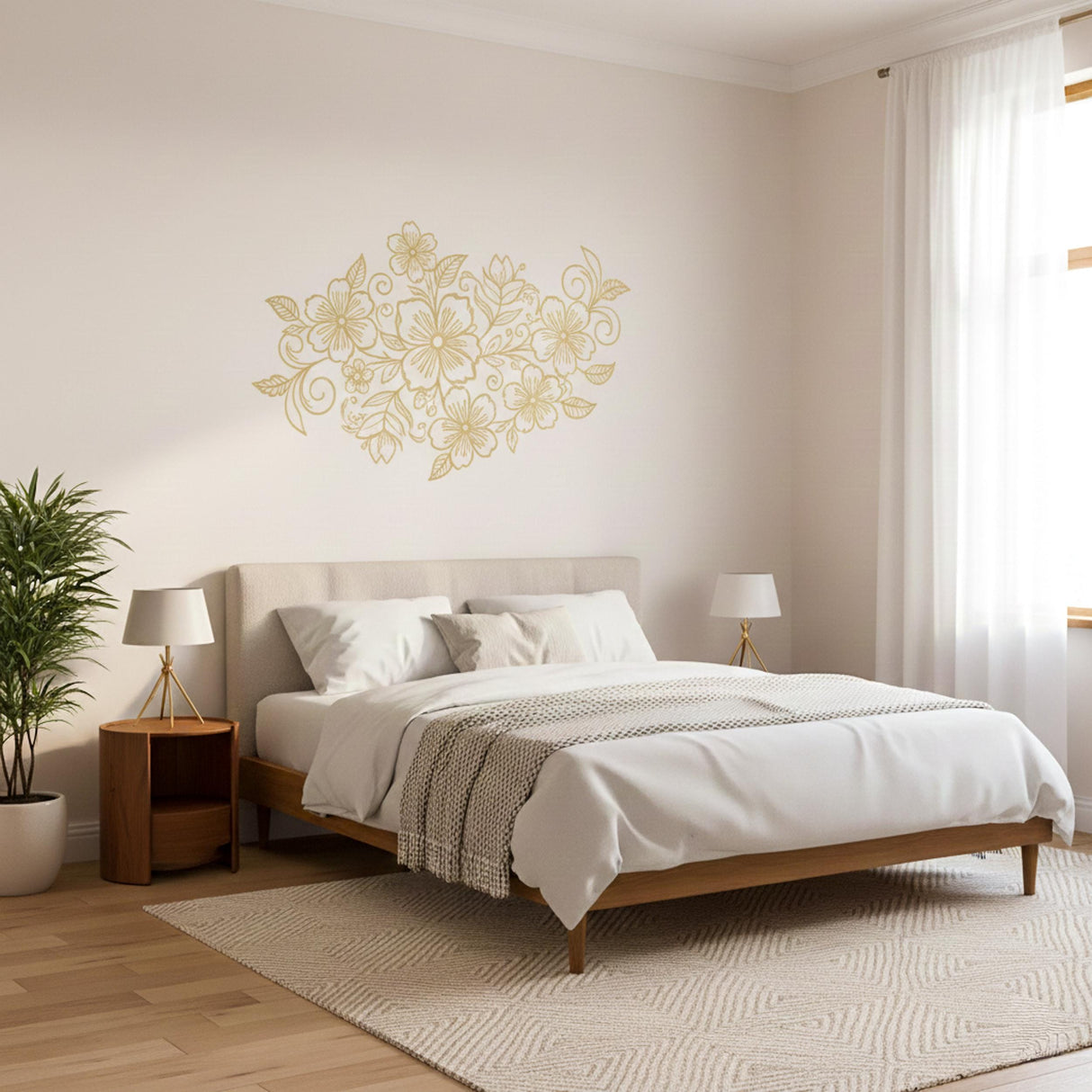 Golden Floral Wall Decal | Minimalist Flower Line Art
