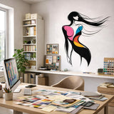 A minimalist abstract illustration of a woman in profile on a white background. She has long, flowing black hair blowing to the side and a silhouette defined by elegant black lines. Bold, overlapping blocks of pink, blue, and orange add color to her torso.