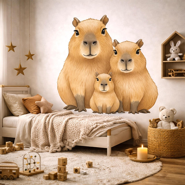 A watercolor illustration of three capybaras (two adults and one small baby) sitting together on a white background. They have soft, textured light brown fur and gentle expressions, arranged in a small family grouping.