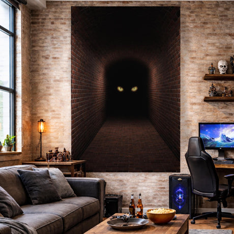 A vertical 3D wall decal showing a long, dark hallway with red brick walls, floor, and a curved ceiling. At the far end of the dark, shadowy corridor, two glowing yellow eyes are visible, staring forward from the blackness.