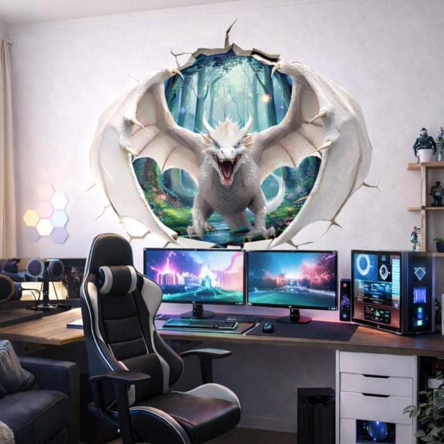 A dynamic 3D wall mural of a white dragon with its wings spread wide, appearing to burst through a cracked white wall. The dragon is stepping forward from a misty, green enchanted forest into the room, creating a powerful and realistic portal effect.