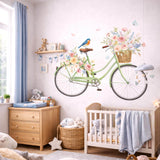Floral Bicycle Wall Decal | Watercolor Mint Bike Sticker | Vintage Flower Basket Art | Cottagecore Wall Mural | Shabby Chic Nursery Decor