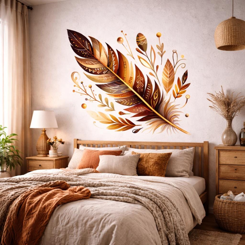 Boho Feather Decal | Tribal Pattern Wall Art | Earth Tone Feather Sticker | Native Inspired Mural | Bohemian Nursery Decor | Terracotta Leaf