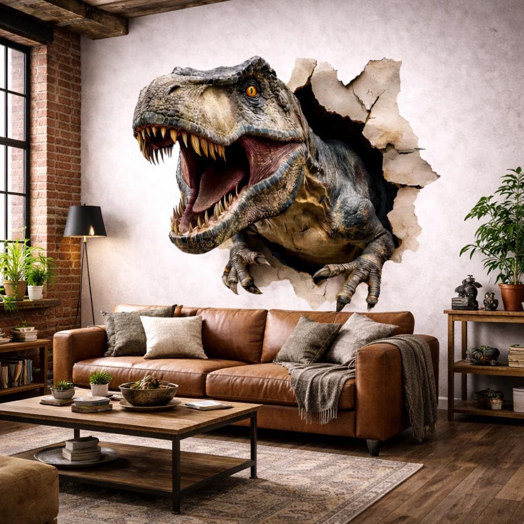 3D T-Rex Wall Decal | Dinosaur Breakthrough Mural | T-Rex Wall Smash Sticker | Jurassic Bedroom Decor | Realistic Dinosaur Art
