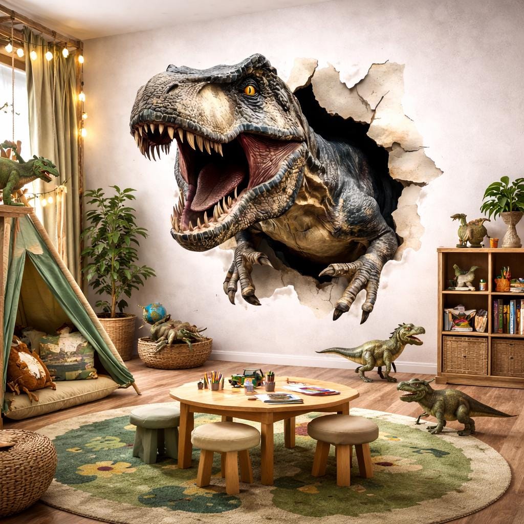 3D T-Rex Wall Decal | Dinosaur Breakthrough Mural | T-Rex Wall Smash Sticker | Jurassic Bedroom Decor | Realistic Dinosaur Art