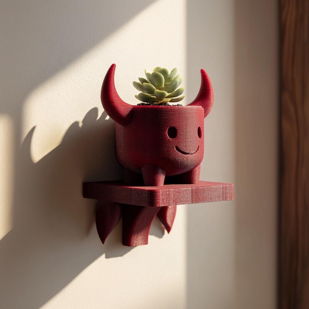 Wall Mounted Planter Shelf with Cute Devil Pot | 3D Printed Fantasy Wall Decor for Succulents, Small Plants and Playful Interiors