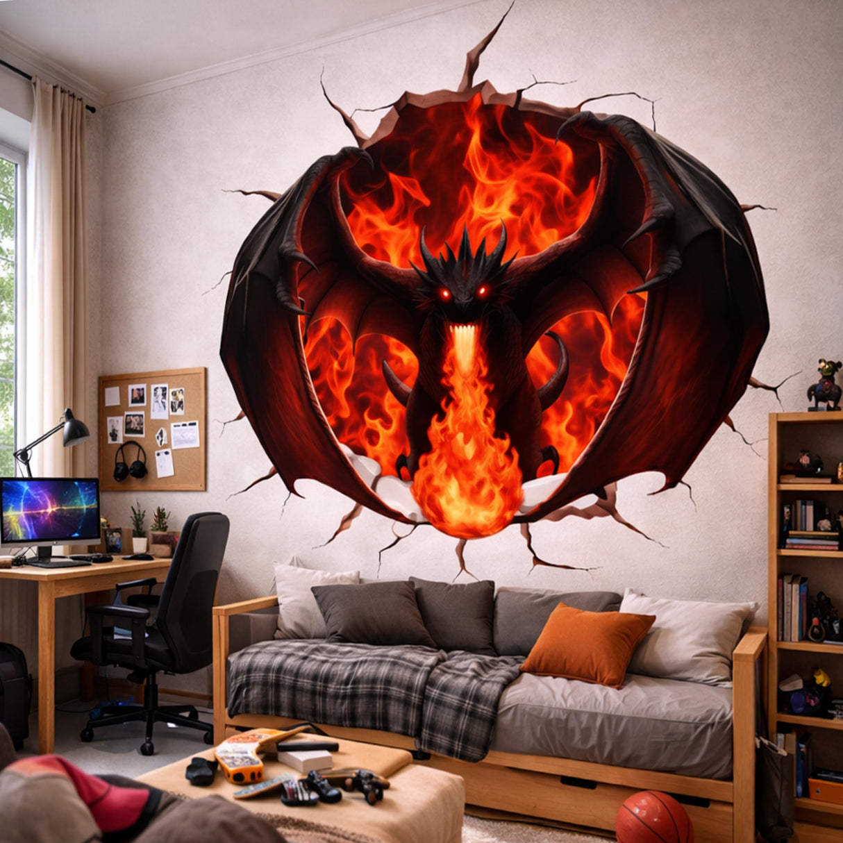 A 3D wall decal illustration of a black dragon breathing intense red fire. The dragon has large wings spread wide and glowing red eyes, appearing to burst through a circular hole in a white wall with realistic cracks radiating outward.