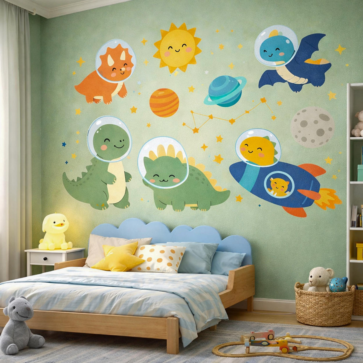 Space Dinosaur Wall Decals | Kawaii Dino Astronaut Stickers | Nursery Galaxy Decor | Kids Rocket Ship Wall Art | T-Rex Space Mural