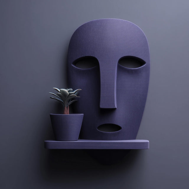 3D printed wall mounted face-shaped planter shelf with a small plant pot, displayed against a dark minimalist wall with soft directional lighting.
