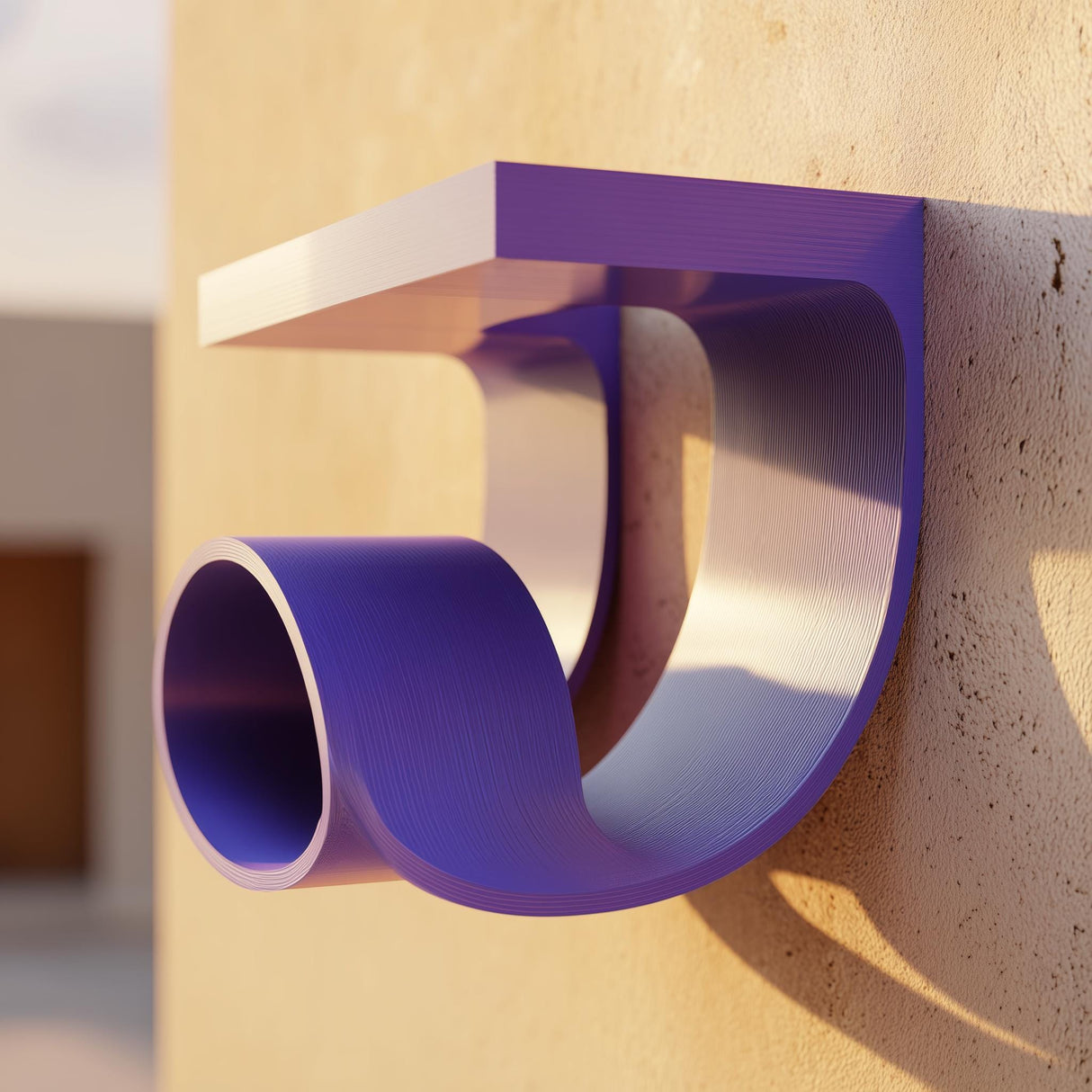 3D printed wall mounted modern loop shelf with a continuous curved form and flat top surface, displayed on a textured wall in warm natural light.