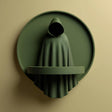 3D printed wall mounted shelf featuring a hooded cloaked figure set inside a circular backplate, with a narrow front ledge, shown in soft warm light.
