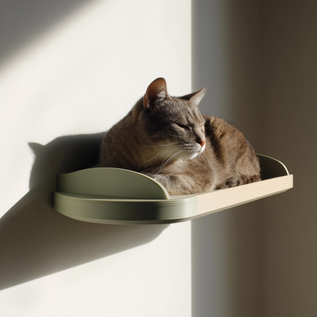 3D printed wall mounted cat shelf with curved edges, holding a resting cat in warm natural light against a minimalist interior wall.