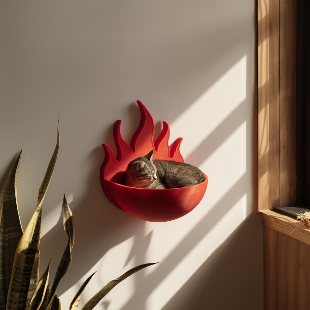 Wall Mounted Flame Cat Shelf Bed | 3D Printed Sculptural Cat Wall Bed | Bold Modern Wall Furniture for Cats with Artistic Design