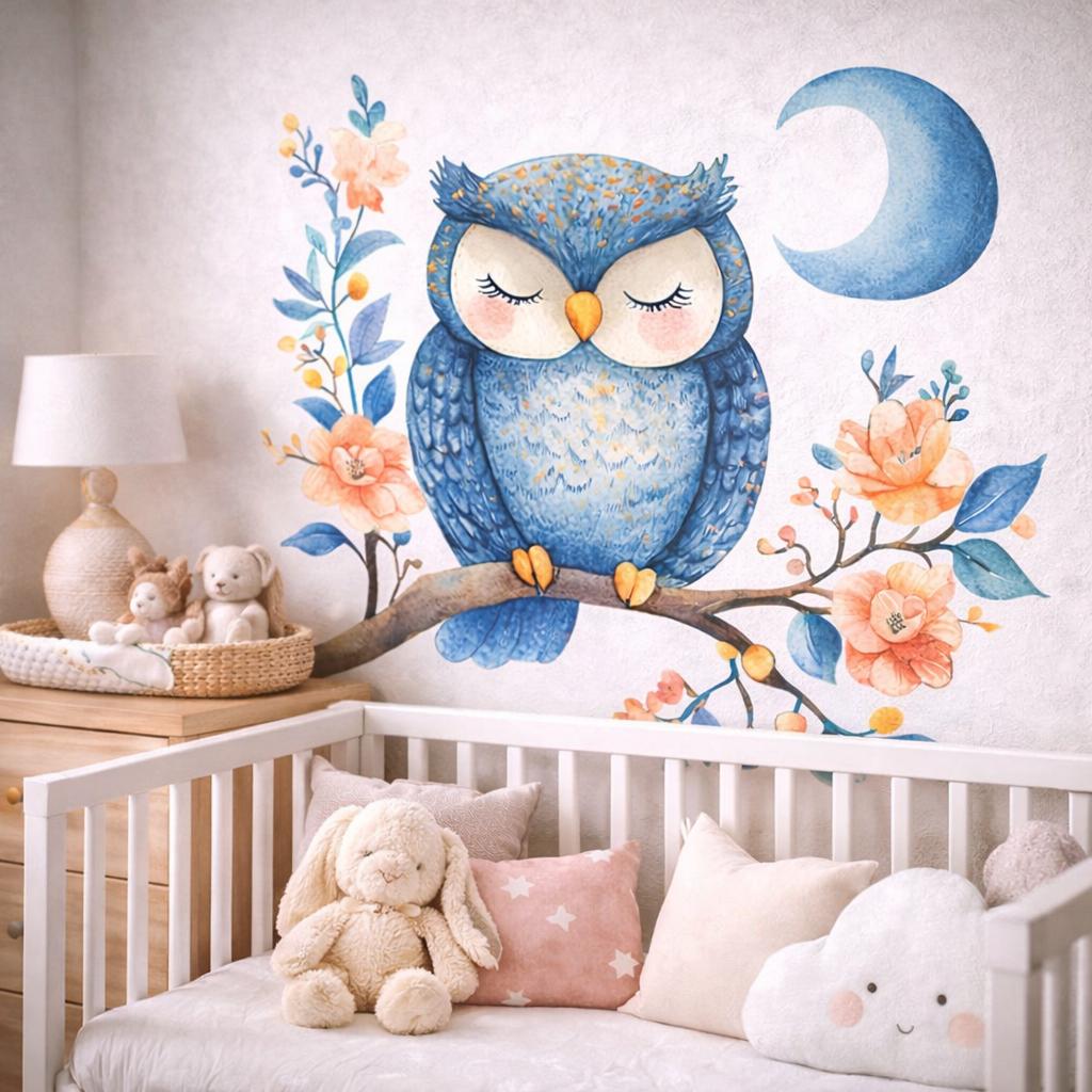Sleeping Owl Wall Decal | Watercolor Nursery Art | Blue Owl Moon Sticker | Floral Branch Wall Mural | Baby Girl Boy Room Decor