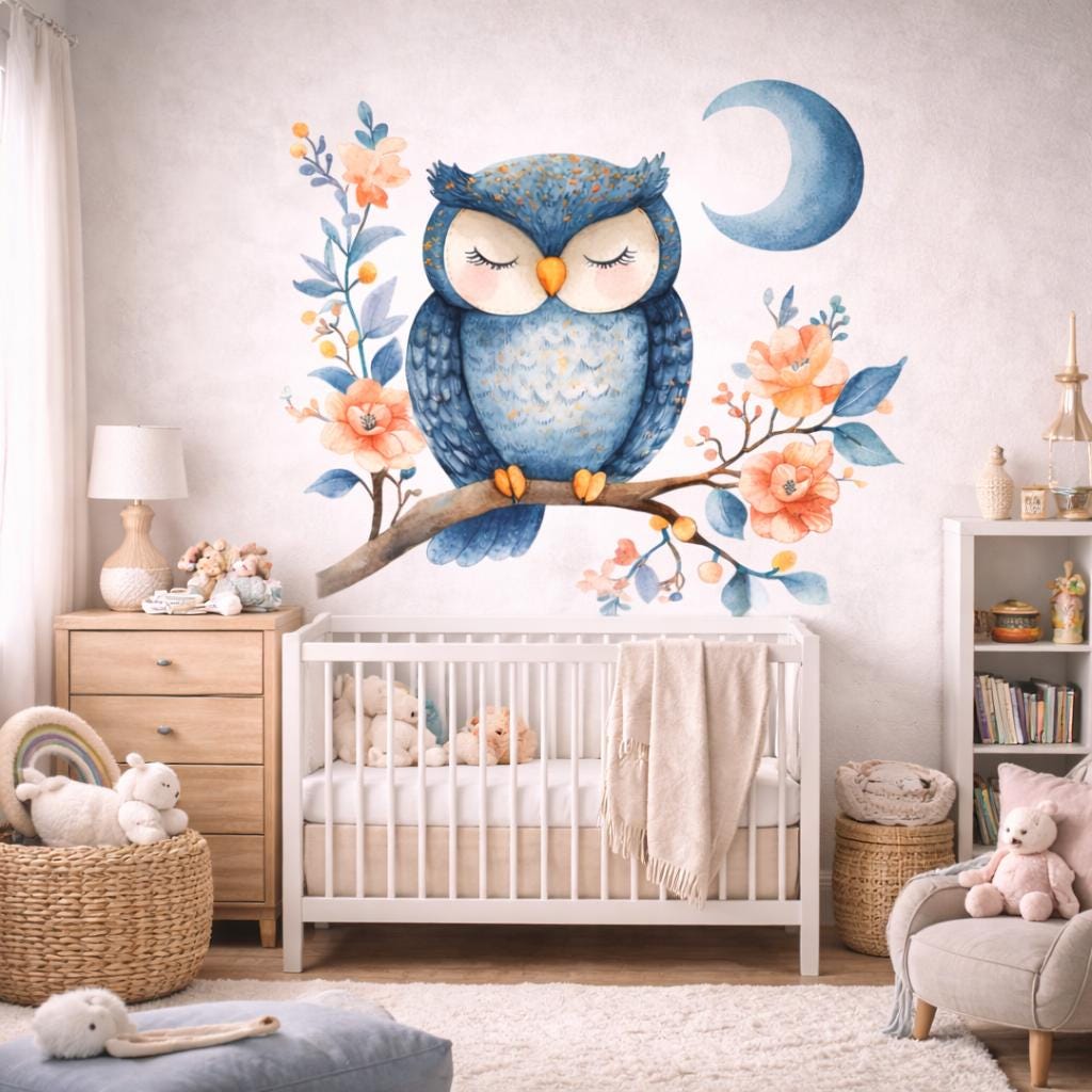 Sleeping Owl Wall Decal | Watercolor Nursery Art | Blue Owl Moon Sticker | Floral Branch Wall Mural | Baby Girl Boy Room Decor