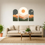 Boho Landscape Wall Art | Set Of 3 Arched Prints | Celestial Sun And Moon Decor | Mid Century Modern Mountain Art | Earthy Tone Gallery Wall