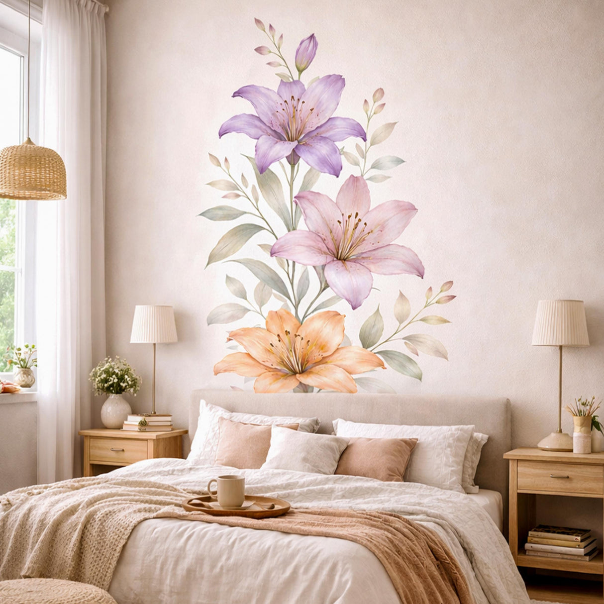 Watercolor Lily Wall Decal | Purple Pink and Peach Floral Mural | Sophisticated Botanical Art | Vertical Flower Sticker | Elegant Wall Decor